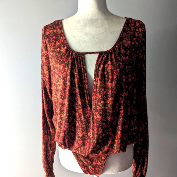 Free People Bodysuit Chocolate Combo Floral Kaya Long Sleeve Bodysuit Size XL - Picture 3 of 14